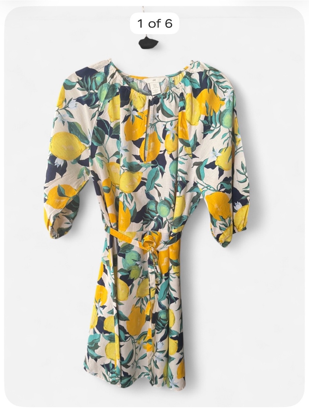 H&M Lemon Citrus Print Belted Midi Dress Women’s Medium Vacation Summer